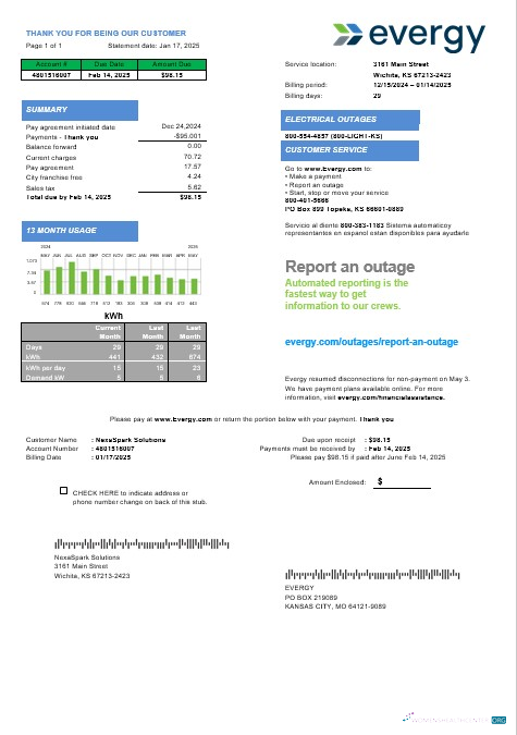 USA Missouri Evergy electricity business utility bill template in .doc and .pdf formats